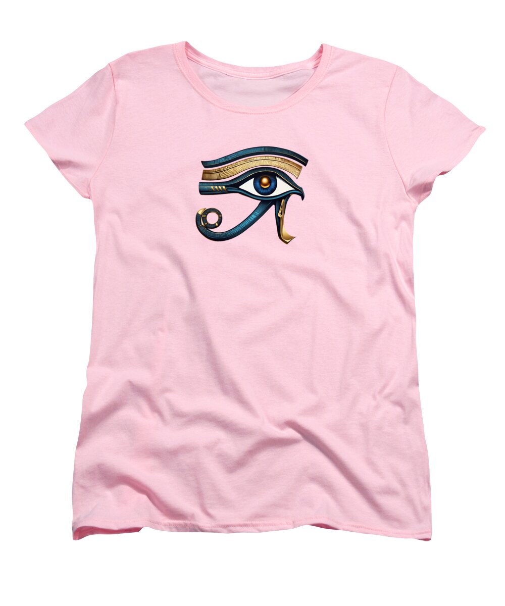 Women’s T-shirt, pink, with multicolor Eye of Horus-style graphic on front