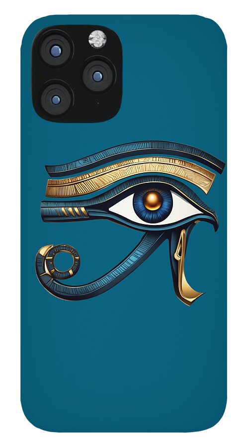 Teal iPhone case with black camera panel and Eye of Horus symbol in gold and blue.