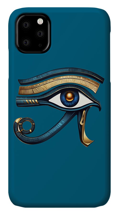 Teal iPhone case showing Eye of Horus eye symbol in blue, gold, and dark tones.