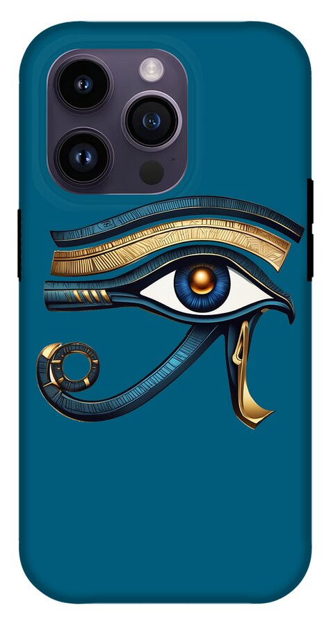Teal phone case with Eye of Horus eye design in gold, blue, and black tones