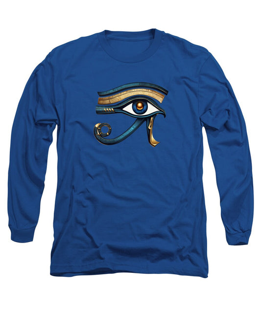 Royal blue long sleeve T-shirt with Eye of Horus symbol graphic on chest