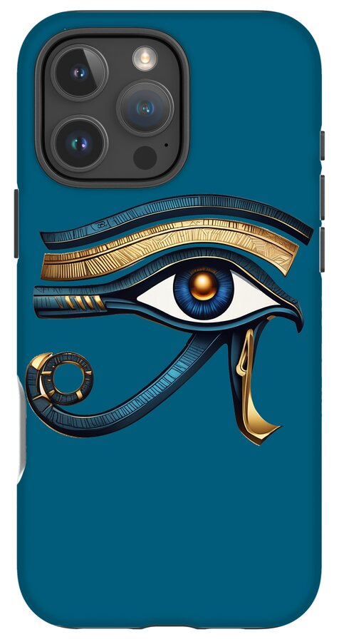 Teal iPhone case with Eye of Horus eye symbol, gold trim and blue iris graphic