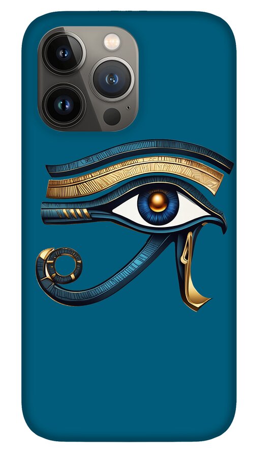 Blue iPhone case with Eye of Horus eye symbol in gold and blue, light camera cutout