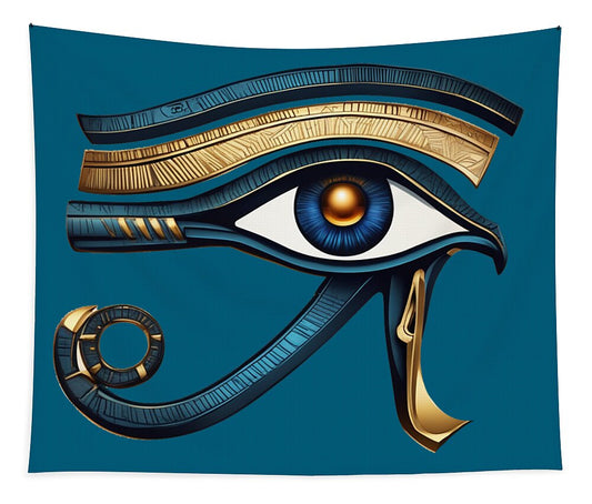 Eye of Horus tapestry with stylized blue-and-gold eye symbol and feathered details
