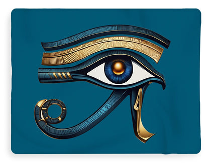Sherpa fleece blanket featuring Eye of Horus eye and gold crescent charm details