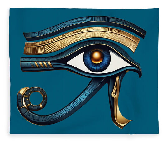 Sherpa fleece blanket with Eye of Horus eye symbol in gold and blue