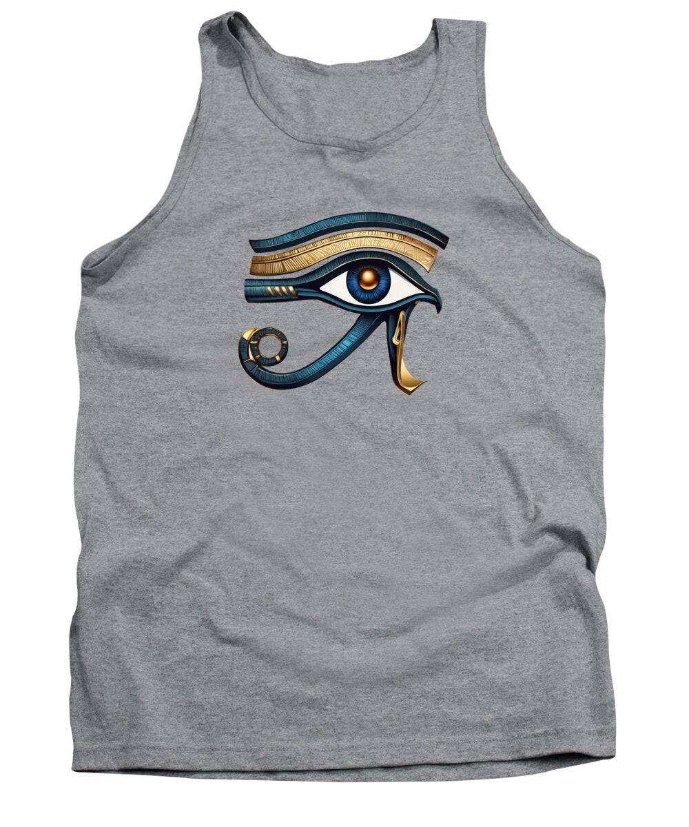 Heather gray tank top with stylized ancient eye symbol graphic at center