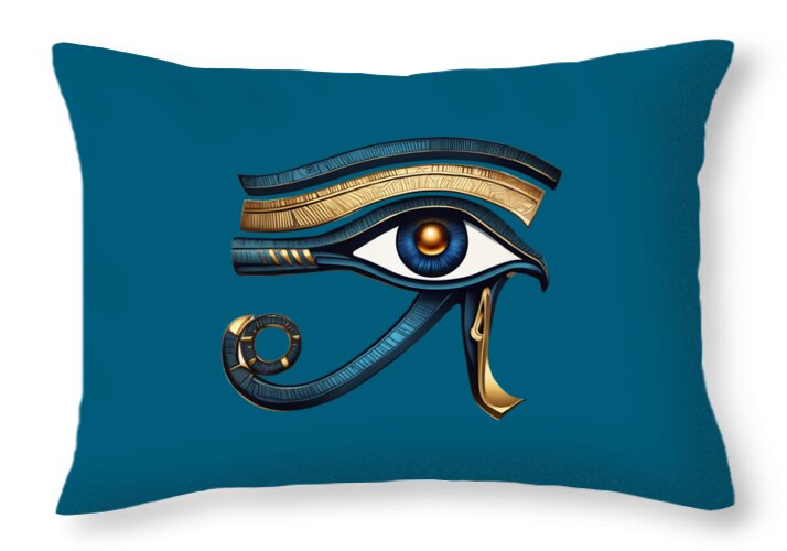 Throw pillow featuring an Eye of Horus design with gold bands and blue eye center