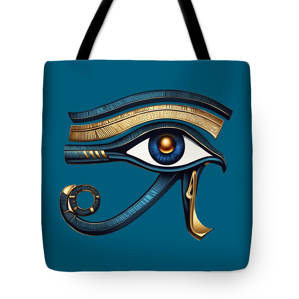 Blue Eye of Horus tote bag with stylized eye graphic and gold accents