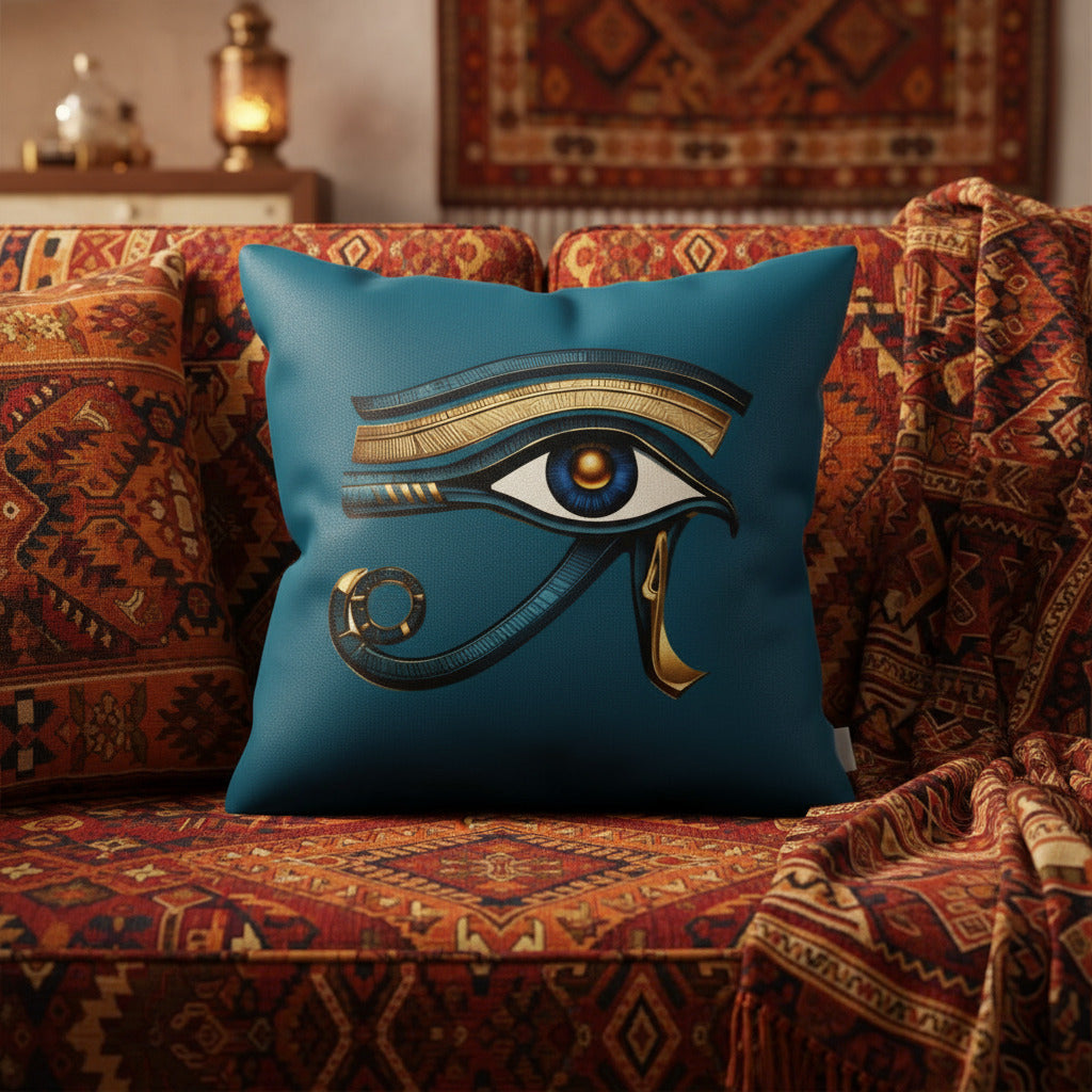Teal square pillow featuring Eye of Horus emblem with blue-gold eye and crescent