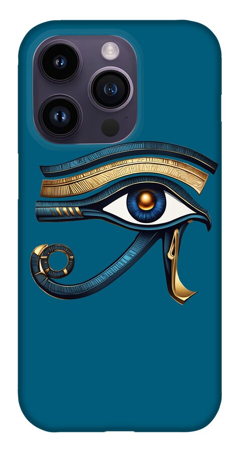 Teal iPhone case with Eye of Horus eye emblem and gold band across the lashes