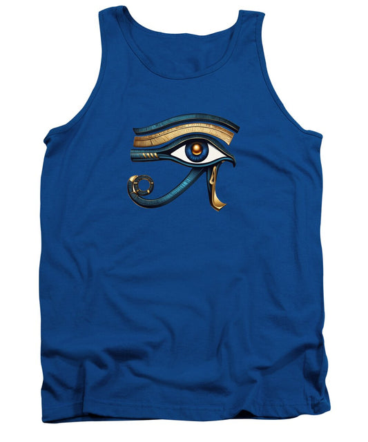 Royal blue tank top with stylized ancient eye symbol graphic at center