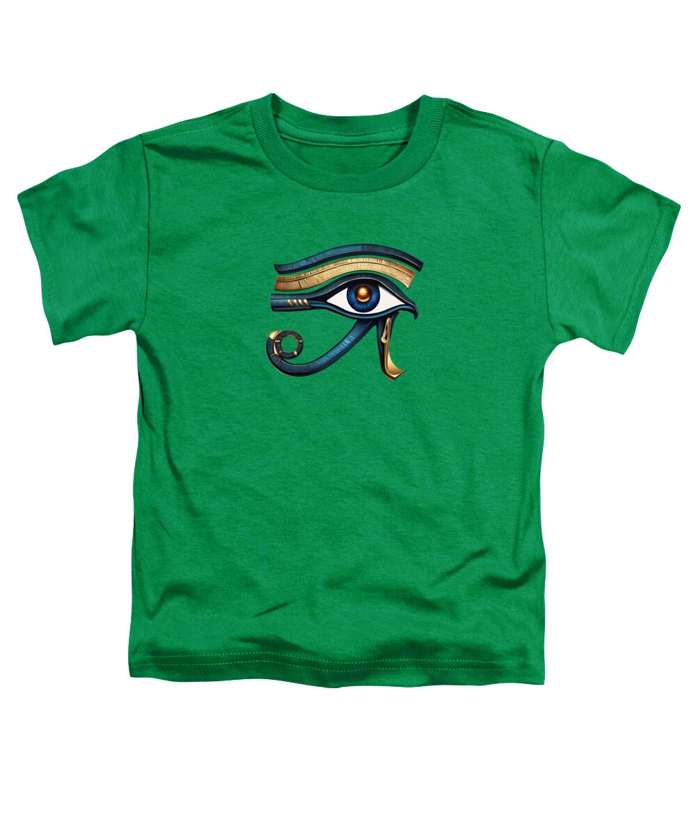 Green toddler T-shirt with ancient Egyptian eye symbol graphic on front