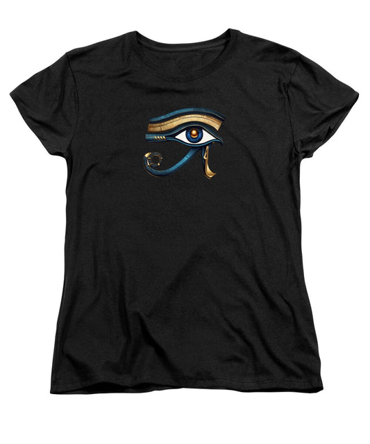 Women’s T-shirt, black, with multicolor Eye of Horus-style graphic on front