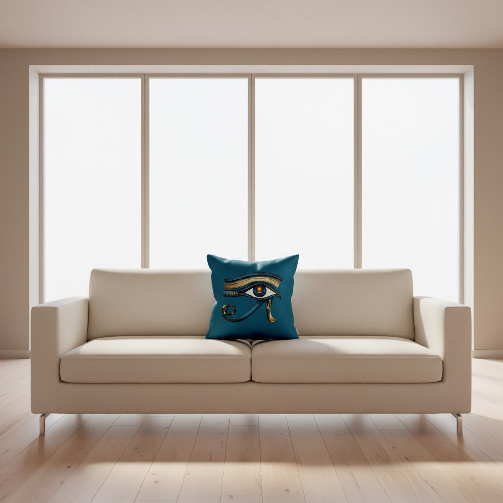 Teal throw pillow with ancient Eye of Horus symbol, blue and gold eye graphic