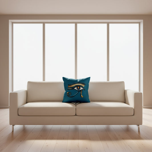 Teal throw pillow with ancient Eye of Horus symbol, blue and gold eye graphic