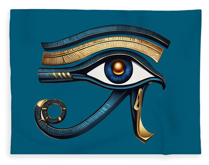 Sherpa fleece blanket with Eye of Horus eye design and gold accents on dark blue