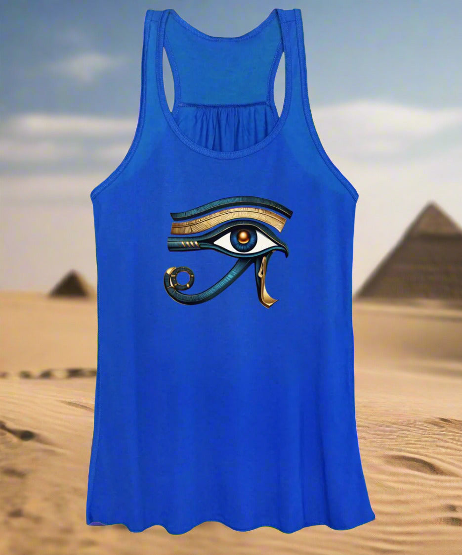 Women's blue tank top with Eye of Horus symbol