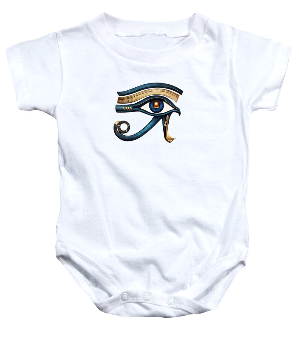 White baby onesie with Eye of Horus symbol on front