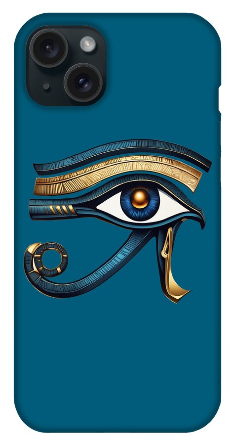Teal iPhone case showing Eye of Horus eye symbol with gold bands and blue eye