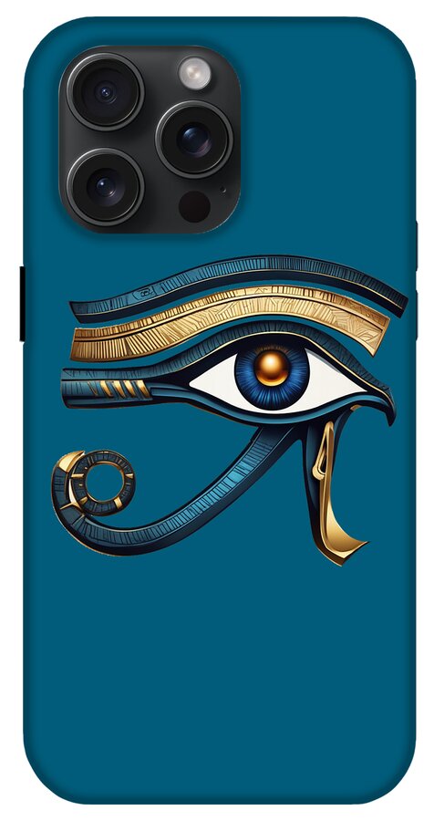 Teal iPhone case with Eye of Horus symbol, gold eyebrow band and blue eye