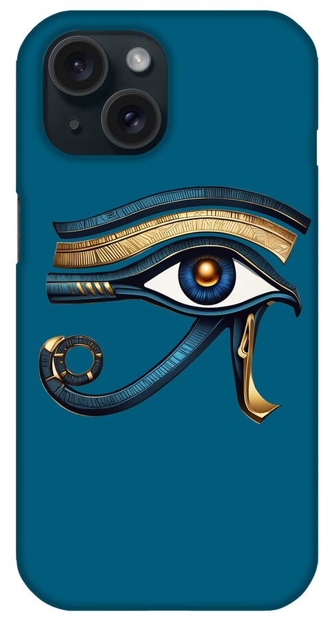 Teal iPhone case featuring Eye of Horus eye symbol with gold and blue details