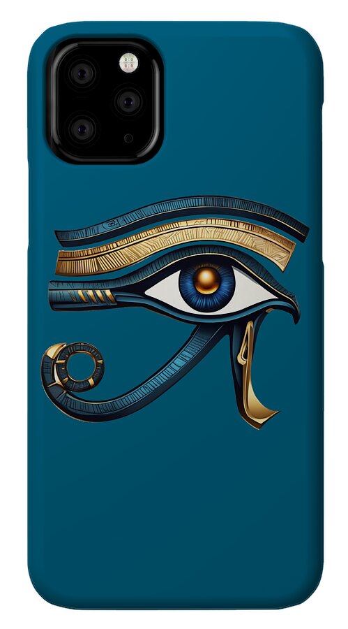 Teal iPhone case featuring Eye of Horus eye symbol with gold stripes and blue iris.
