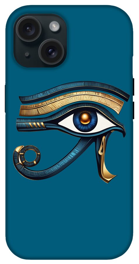 Teal iPhone case with Eye of Horus eye symbol, blue pupil and gold eyebrow