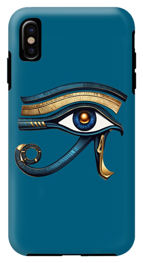 Teal iPhone case with Eye of Horus symbol in gold stripes and blue iris on back.