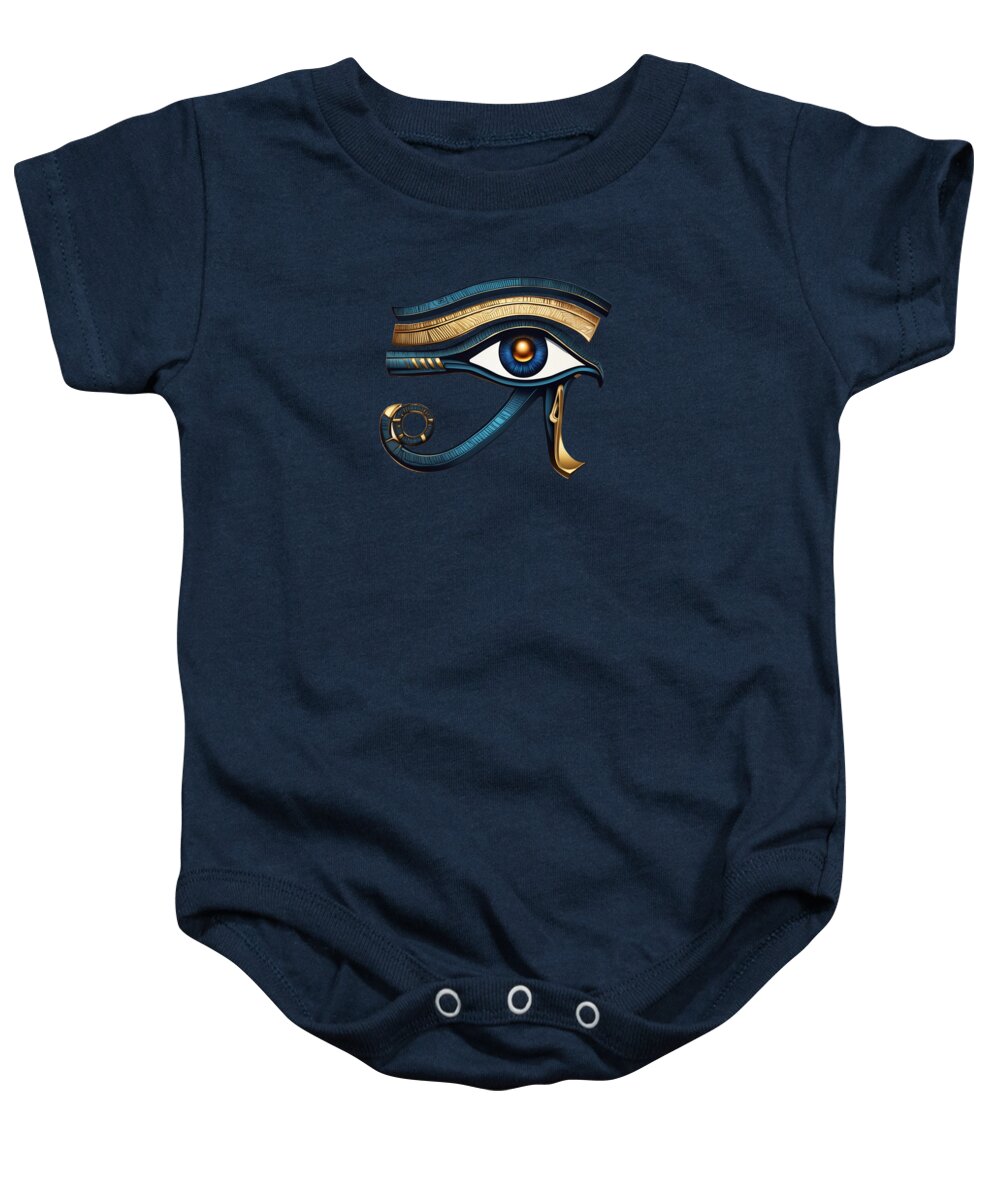 Navy blue baby onesie with Eye of Horus symbol graphic on the front