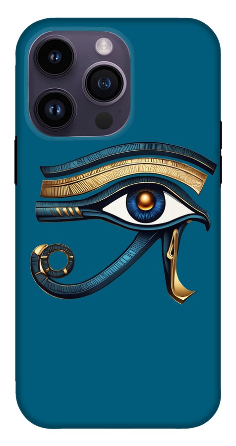 Teal phone case with Eye of Horus graphic, gold detailing and blue eye center