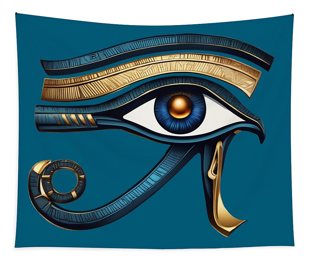 Ancient Egyptian eye symbol tapestry featuring central blue eye with gold accents