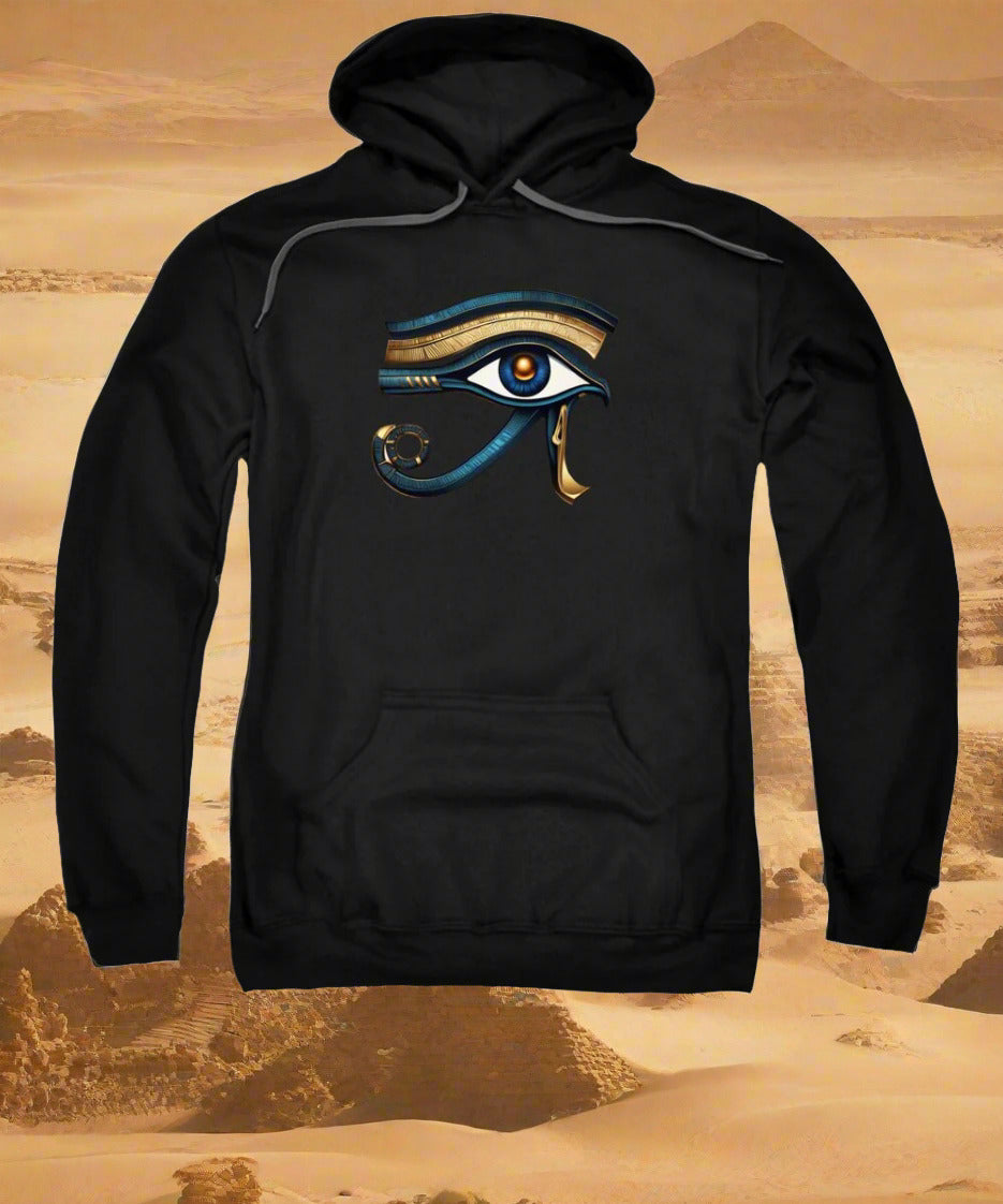 Black pullover hoodie sweatshirt with front eye symbol graphic