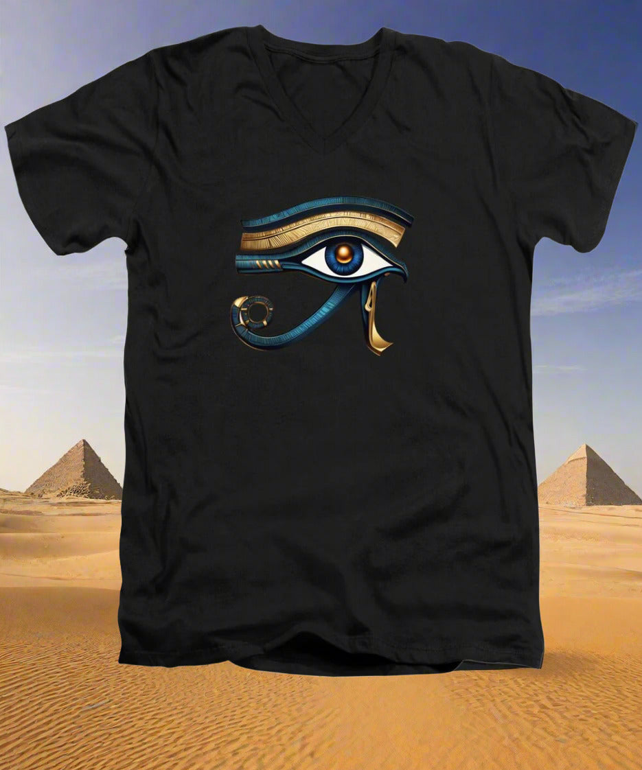 Men's V-neck T-shirt, black, Eye of Horus style eye graphic on chest