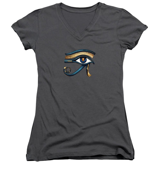 Women's v-neck T-shirt in charcoal with Eye of Horus graphic on chest