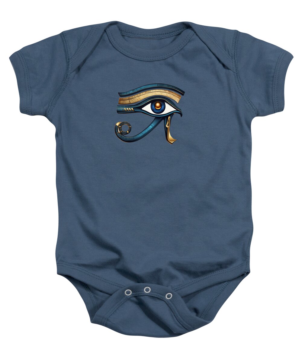 Navy baby onesie with Eye of Horus symbol graphic on the front