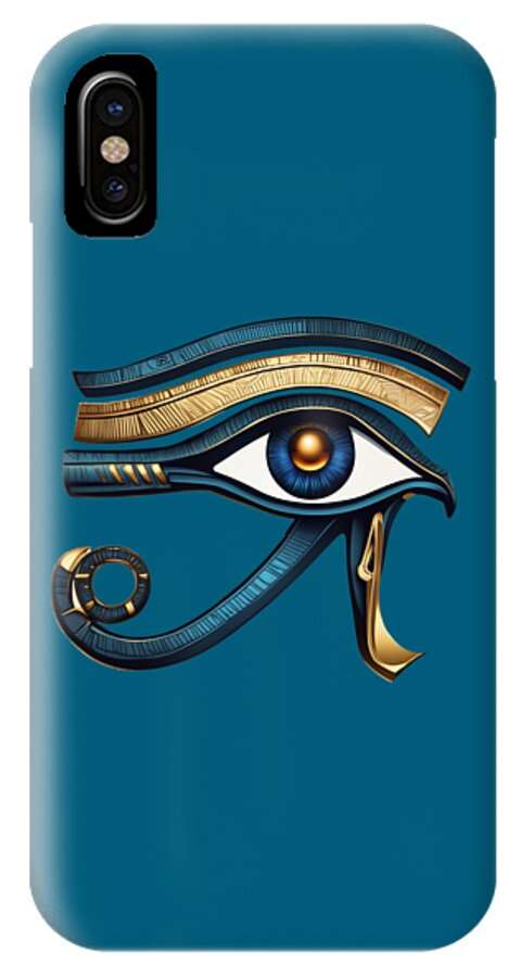 Blue phone case with Eye of Horus eye symbol; rear camera cutout visible.