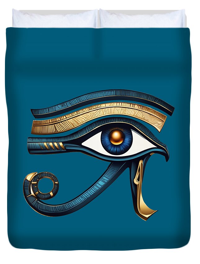 Teal duvet cover featuring Eye of Horus eye and gold crescent detail