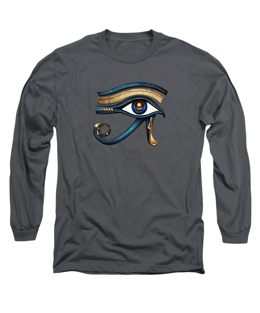 Charcoal gray long sleeve T-shirt with Eye of Horus symbol graphic on chest