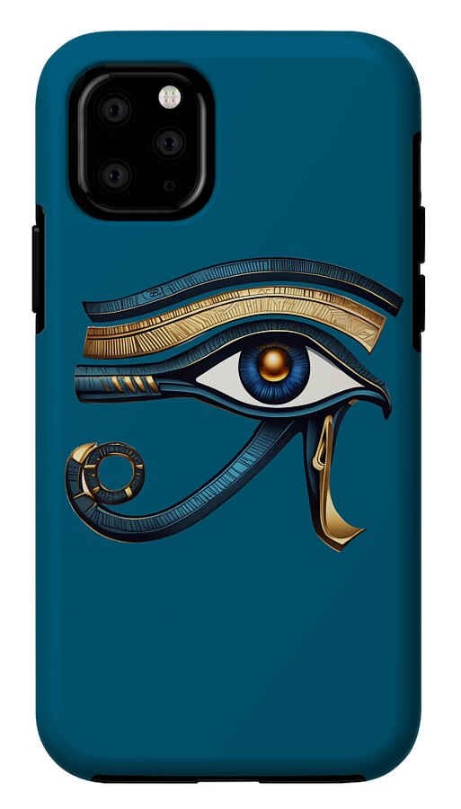Teal iPhone case with Eye of Horus symbol and gold accents over the back panel.
