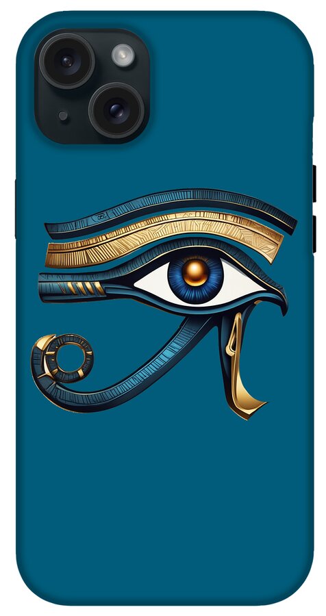 Teal iPhone case with Eye of Horus eye symbol, gold accents and blue center eye