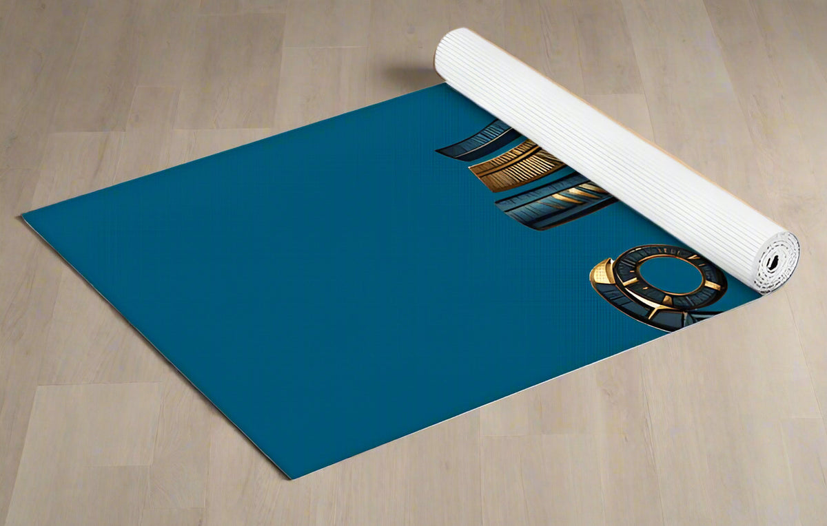 Yoga mat featuring a blue background with an ancient eye symbol in gold and dark