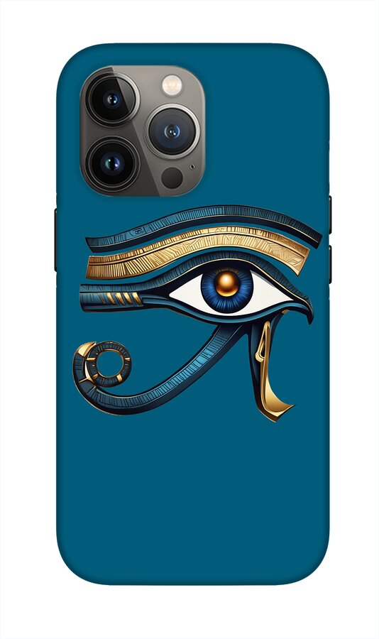 Blue iPhone case with Eye of Horus eye symbol and gold details, with gray camera cutout
