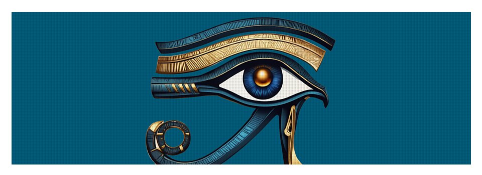 Yoga mat with close-up ancient eye symbol in gold lines, blue iris, and dark outlines