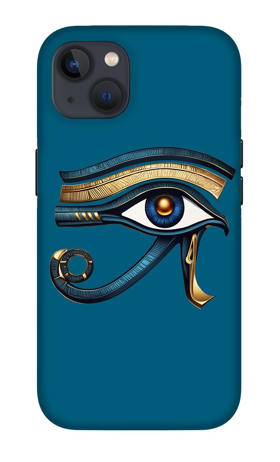 Blue iPhone case featuring the Eye of Horus eye symbol with gold accents and camera cutout