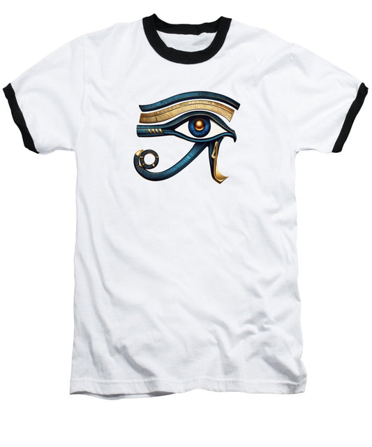 White baseball t-shirt with black raglan sleeves and Eye of Horus eye symbol graphic
