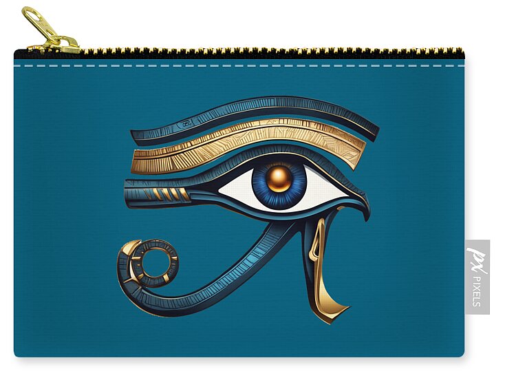 Teal zip pouch with Eye of Horus emblem and gold zipper pull.