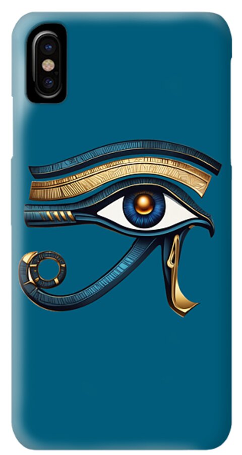 Teal iPhone case with Eye of Horus eye symbol in gold and blue, shown on back.