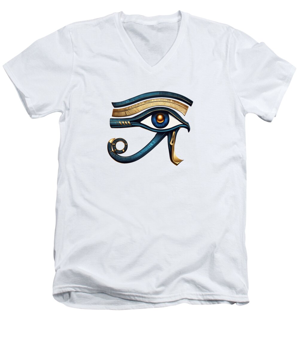 Men's V-neck T-shirt, white, Eye of Horus style eye graphic on chest