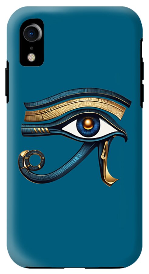 Blue phone case with Eye of Horus eye symbol; side button cutouts visible.